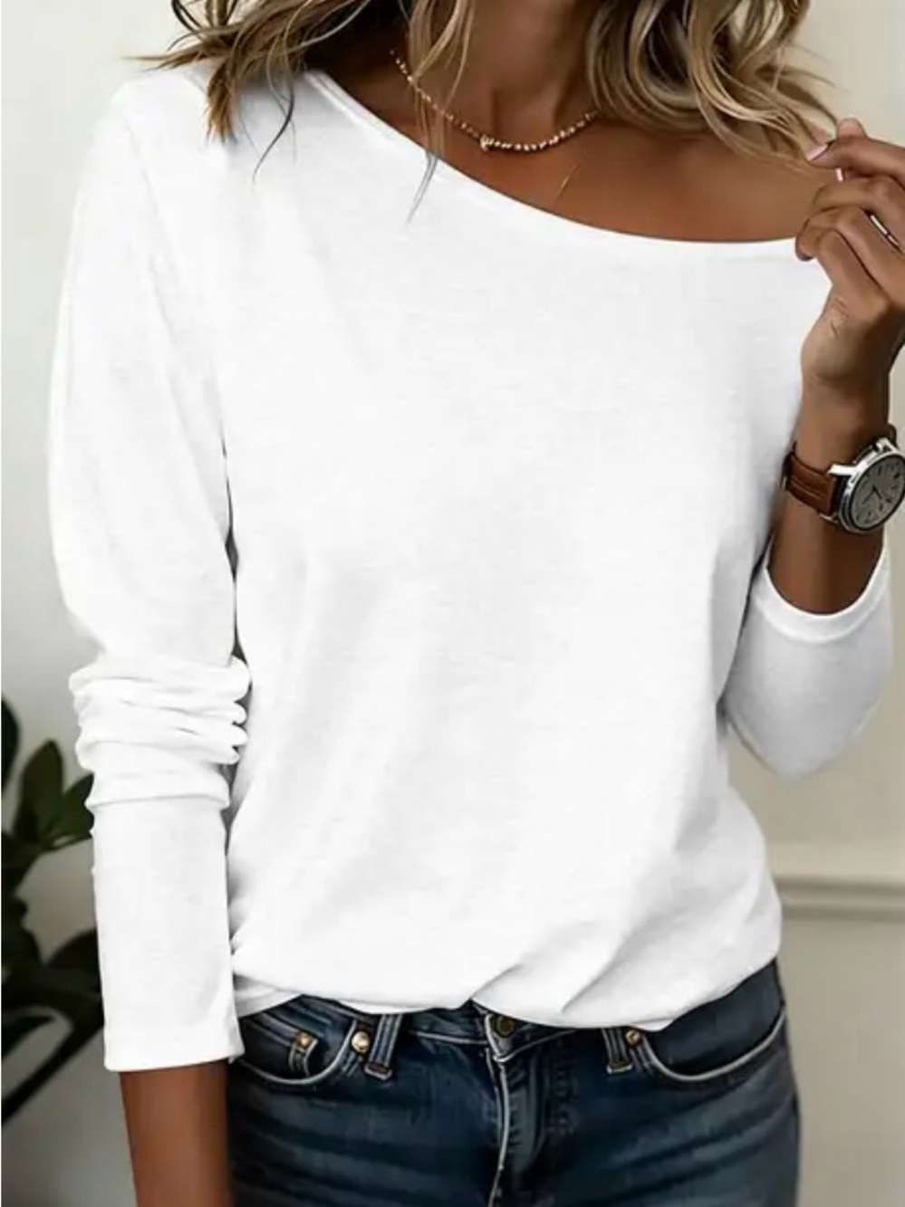 Solid Convertible Boat Neck Long Sleeve T-Shirt S PS8-29